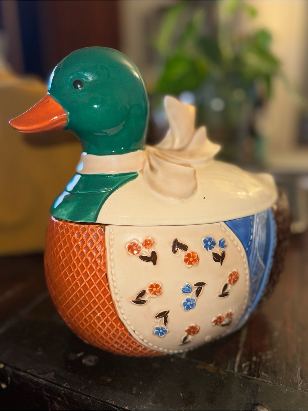 Vintage Ceramic Duck Cookie Jar in Green, Orange and Cream Made in Japan